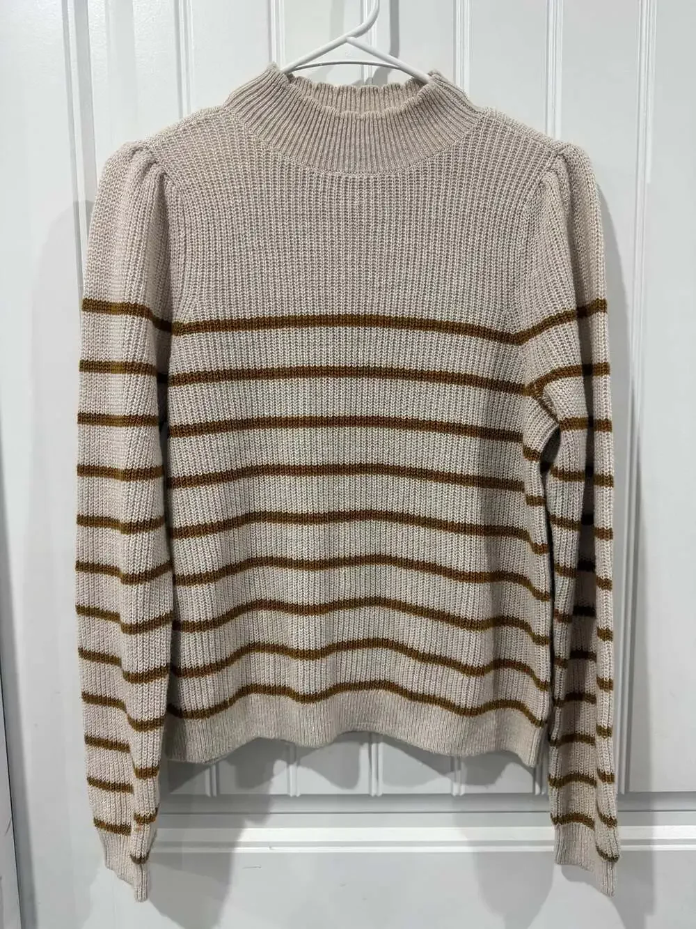 Garnet Hill Wool Linen Striped Puff Sleeve Mock Neck Sweater Medium Cozy - Picture 2 of 7